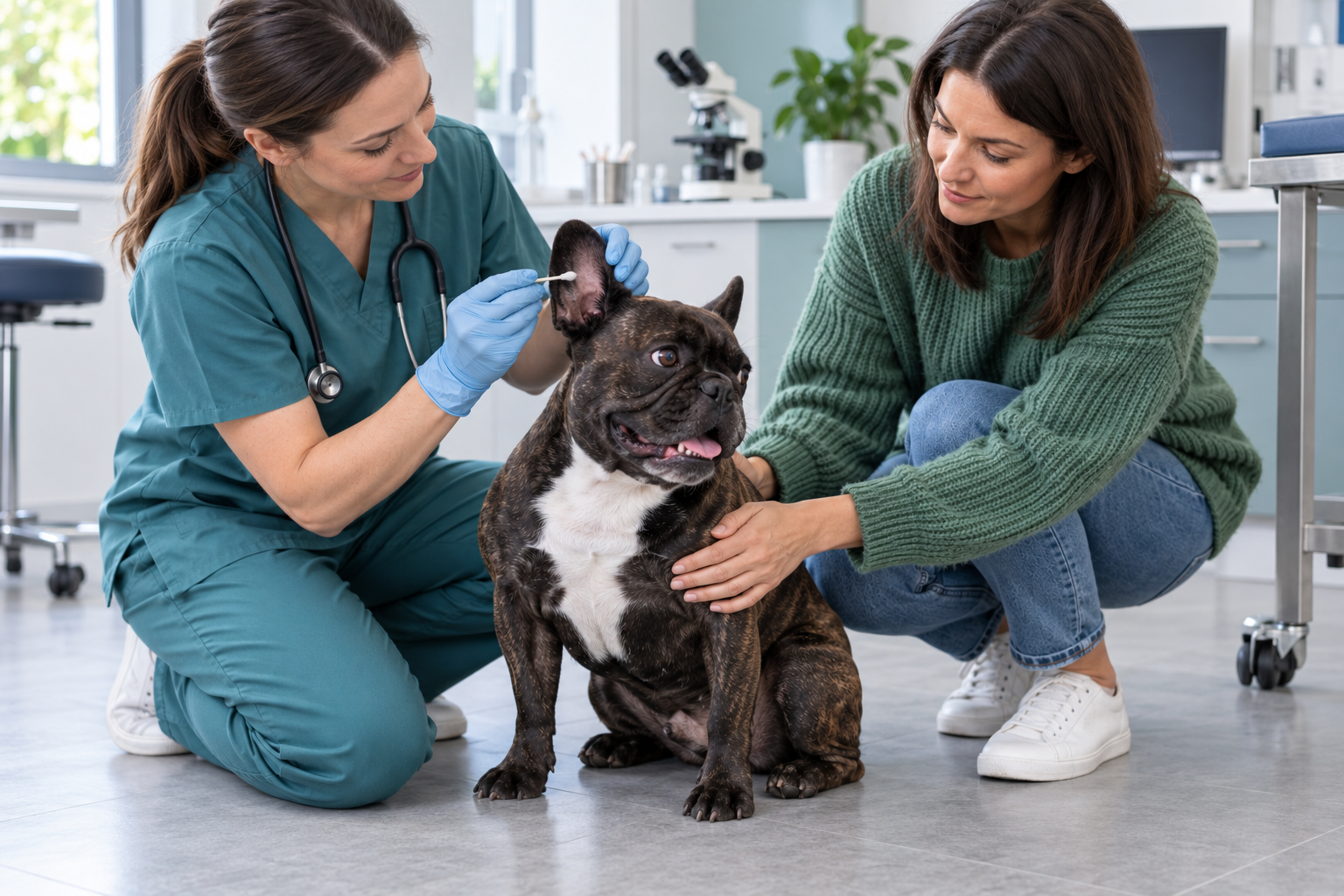 Veterinářka odebírá výtěr z ucha francouzského buldočka pro cytologii